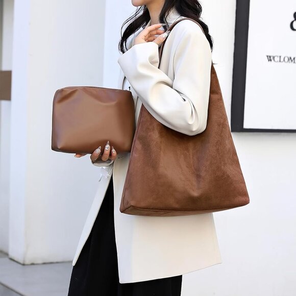 Chic Brown Faux Suede Large Hobo Bag with Clutch Purse | 14.17'' Stylish Tote - Picture 7 of 7